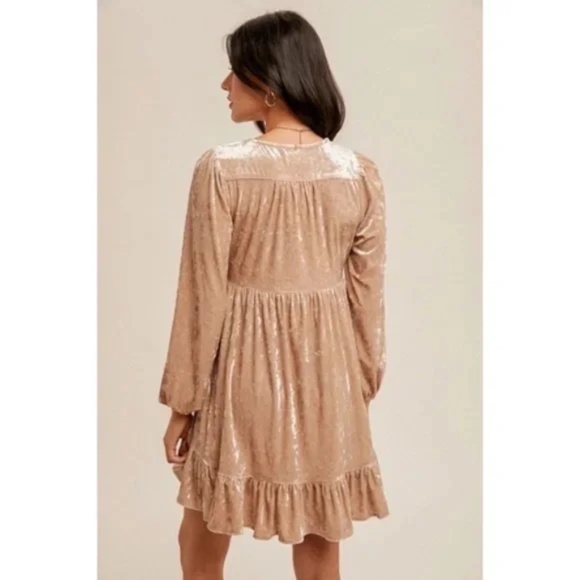 Champagne Crushed Velvet V-Neck Babydoll Bubble Sleeve Holiday Cocktail - Picture 4 of 4